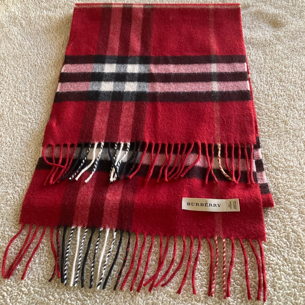 Burberry Red & Black Cashmere Fringe Scarf